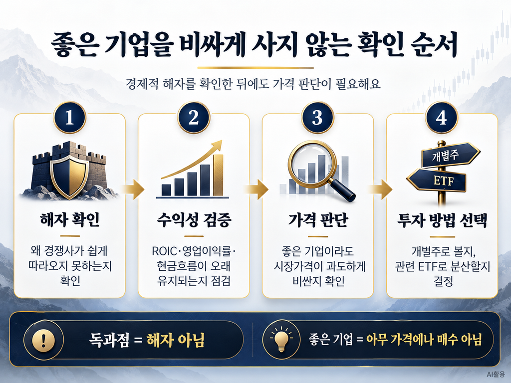 경제적 해자 확인부터 기업 수익성 검증, 적정가치 판단, 투자 방법 선택까지의 순서
