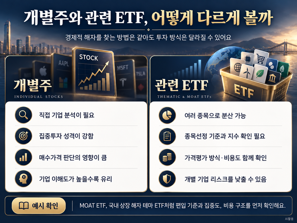경제적 해자 개별주와 관련 ETF의 장단점 및 투자 전 확인 항목 비교