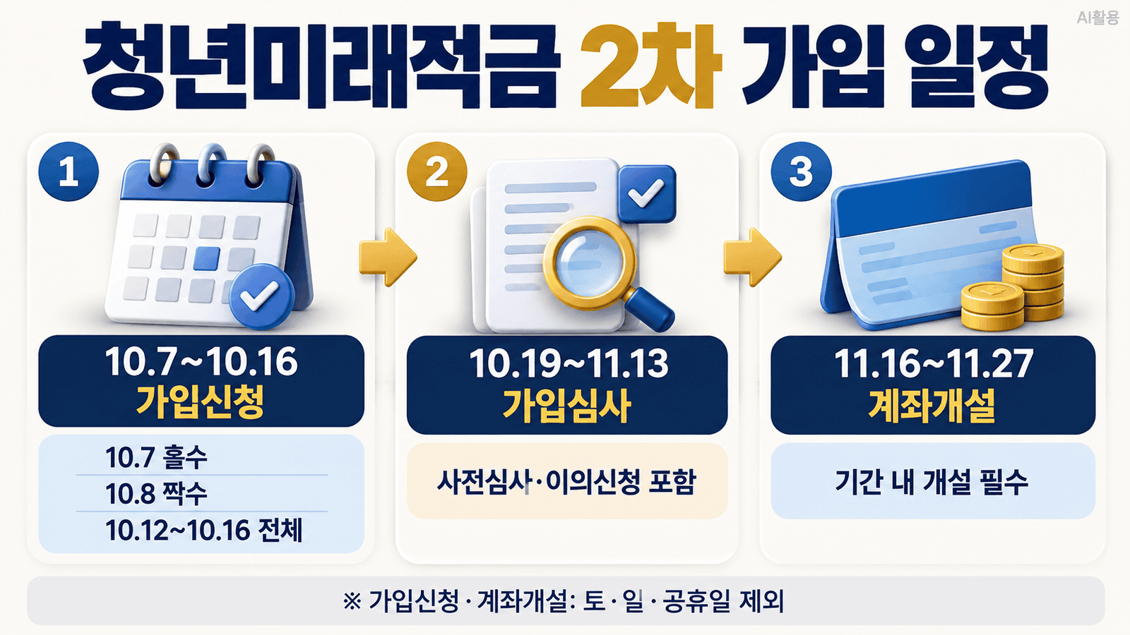 청년미래적금 가입신청┃10월 2차 일정·가입대상·신청방법 청년미래적금 가입신청 2차 일정과 심사·계좌개설 기간을 3단계로 보여주는 인포그래픽