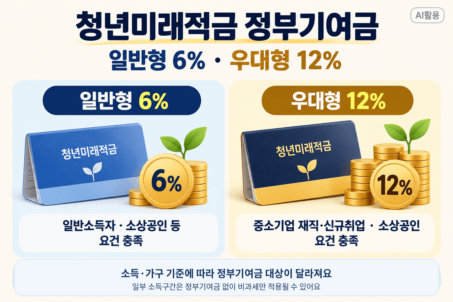 청년미래적금 가입신청┃10월 2차 일정·가입대상·신청방법 청년미래적금 일반형 6%와 우대형 12% 정부기여금 차이를 비교한 이미지