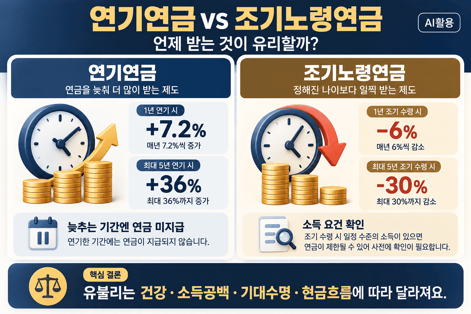 국민연금 수령액┃추납·임의가입·크레딧·연기·반납 5가지 전략 연기연금 가산율과 조기노령연금 감액률을 비교해 수령 시점의 차이를 보여주는 인포그래픽