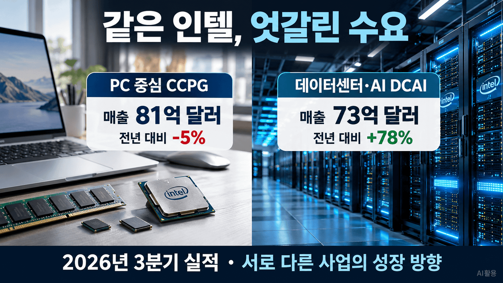 2026년 인텔 3분기 PC 중심 매출 전년 대비 5% 감소와 데이터센터·AI 매출 78% 증가의 사업별 엇갈린 흐름