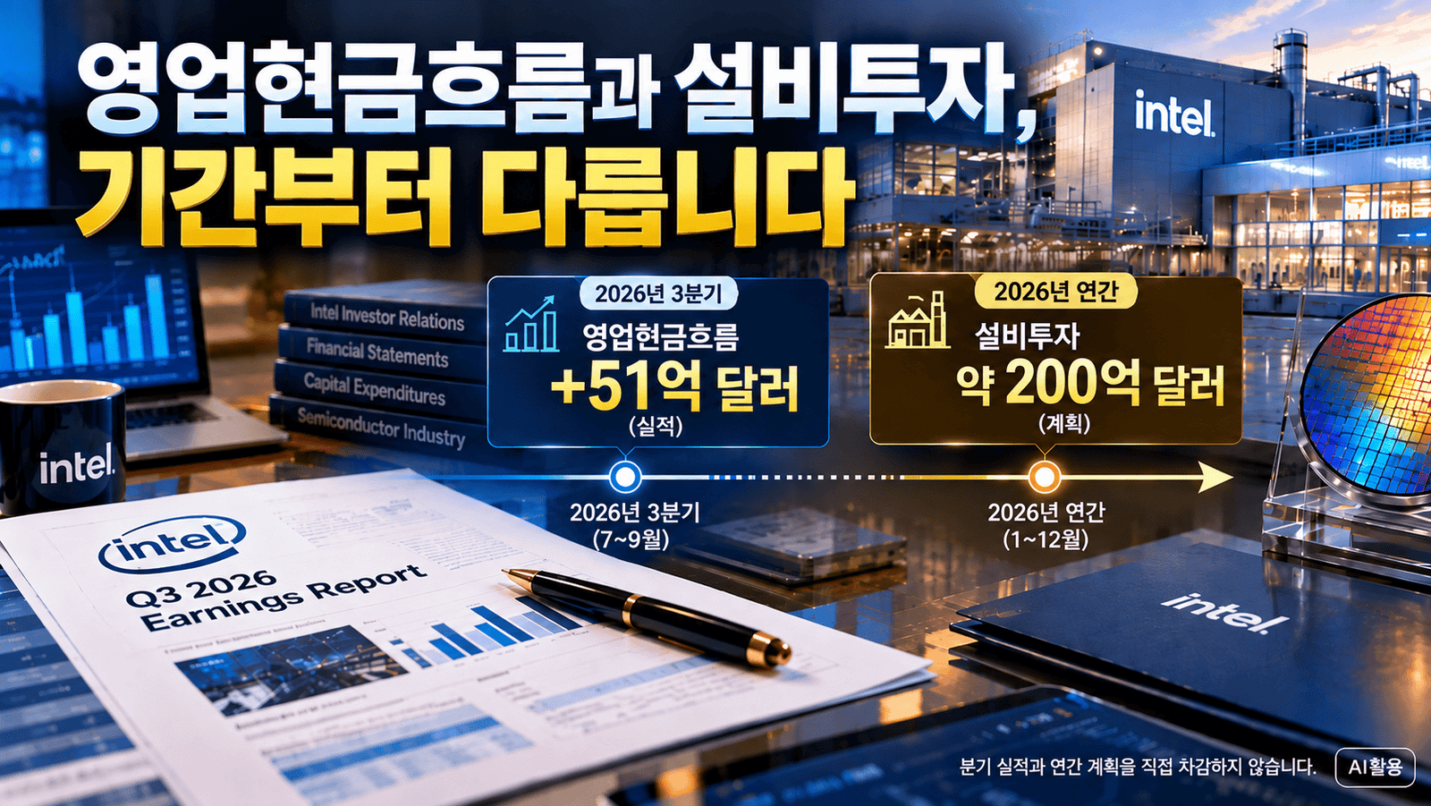 인텔 3분기 영업현금흐름 51억 달러와 2026년 계획된 설비투자 약 200억 달러, 현금흐름과 투자 기간 차이