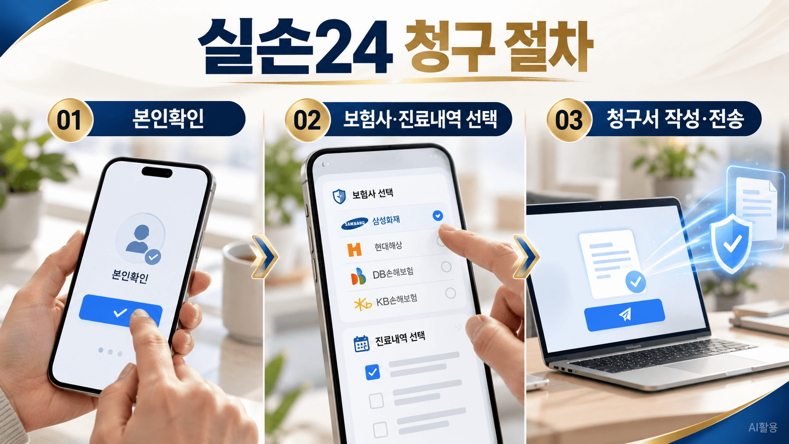 실손24 청구방법 본인확인 보험사와 진료내역 선택 청구서 작성 전송 3단계