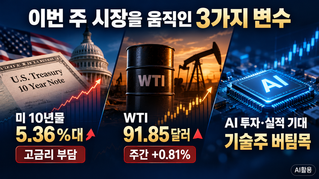 주간 증시 분석┃코스피 -5.39%·S&P500 +1.15%, 시장이 엇갈린 이유 미국 10년물 금리, WTI, AI 투자 기대를 정리한 이번 주 시장 3대 변수