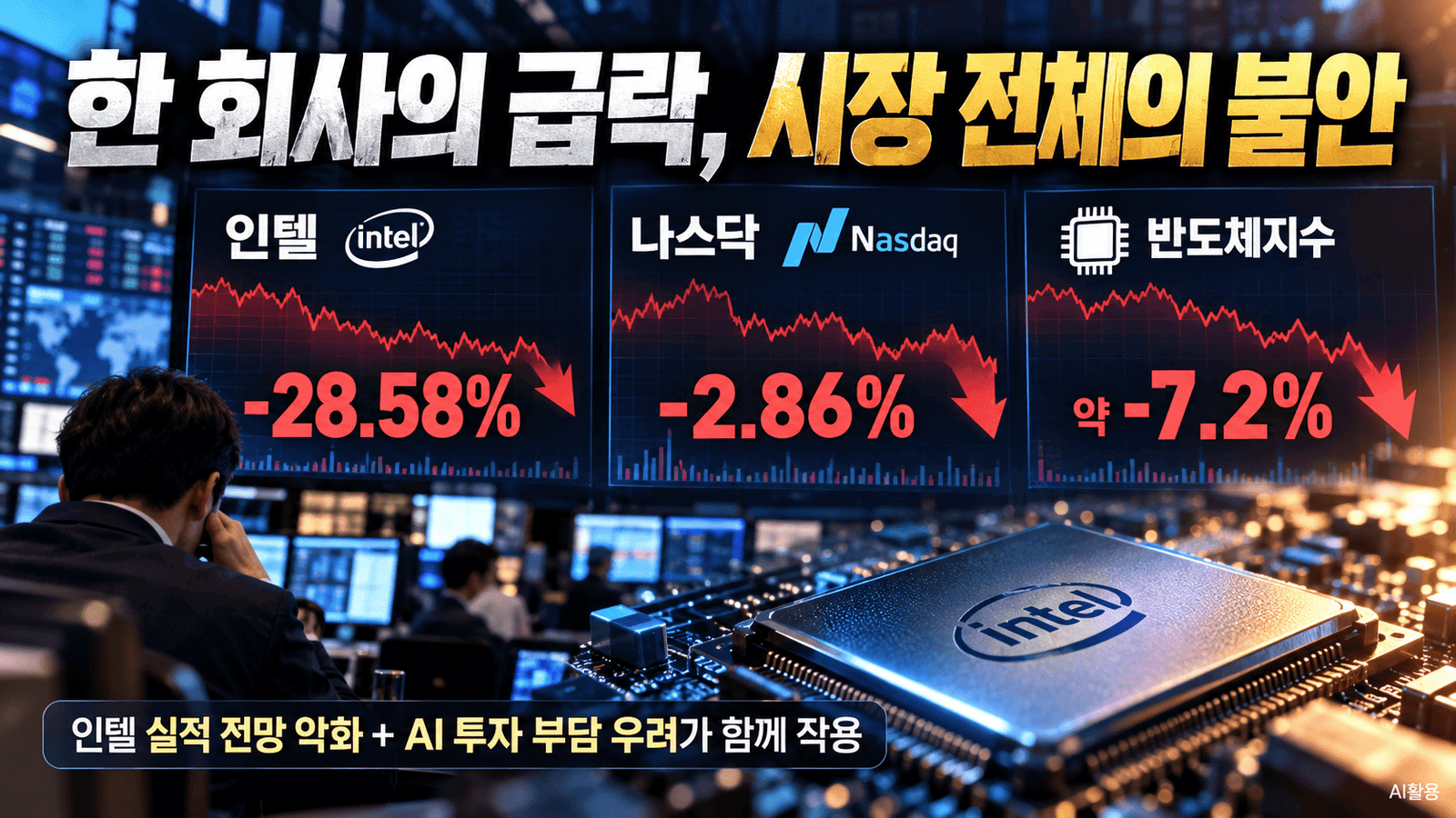 2026년 10월 30일 인텔 주가 28.58% 하락, 나스닥 종합지수 2.86% 하락, 반도체지수 약 7.2% 하락
