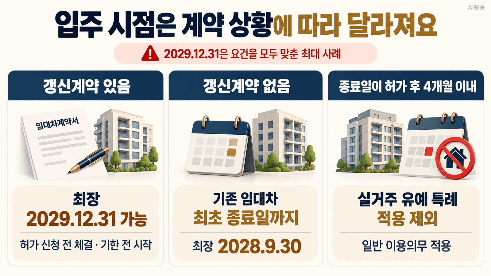 갱신계약 여부와 임대차 종료시점별 입주 가능 시점 비교 이미지