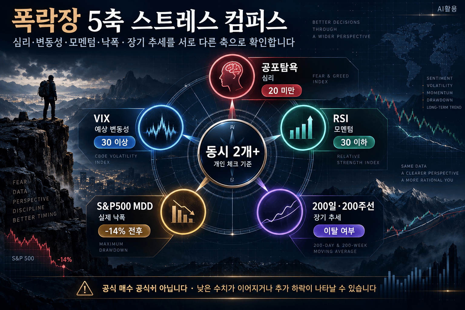 주식 폭락장 매수 타이밍을 공포탐욕지수, VIX, RSI, S&P500 낙폭, 장기 이동평균선의 다섯 축으로 확인하는 금융 인포그래픽