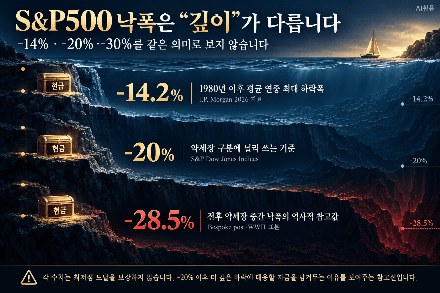 S&P500 낙폭 -14.2%, -20%, 약 -28.5%의 의미를 단계별 깊이로 비교하고 추가 하락에 대응할 현금 여력을 보여주는 금융 인포그래픽