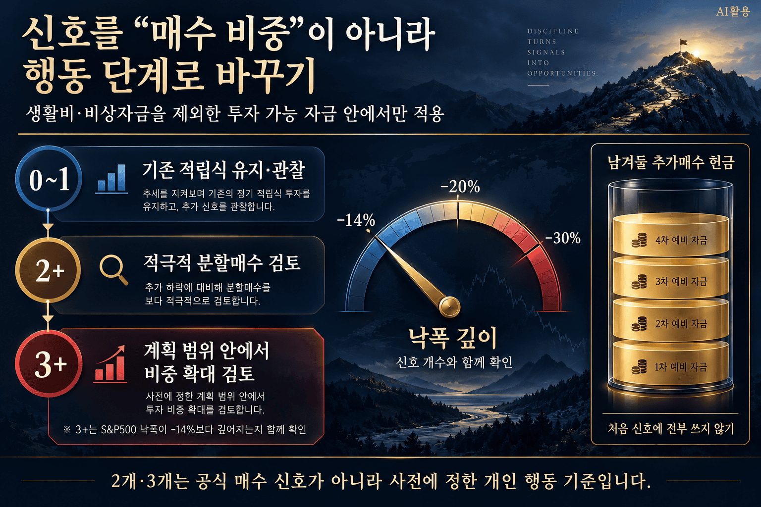 주식 폭락장 매수 타이밍의 신호 개수를 관찰, 적극적 분할매수 검토, 계획 범위 내 비중 확대 검토로 나누고 추가매수 현금을 남기는 행동 기준 인포그래픽