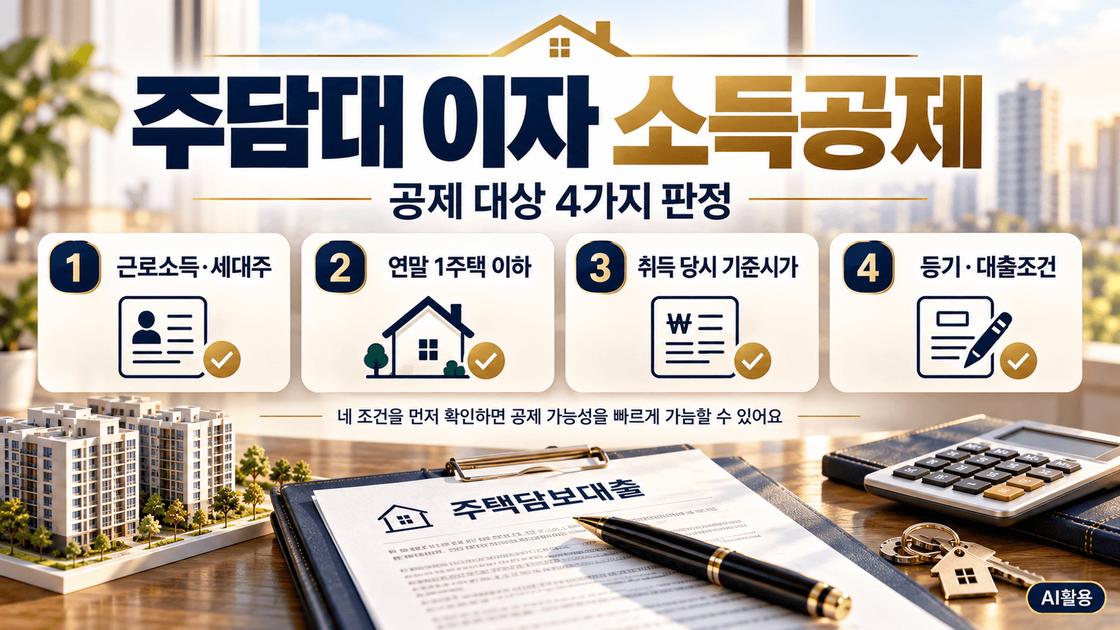 주택담보대출 이자 소득공제 대상 판정 4가지 기준: 세대주·세대원, 연말 주택 수, 기준시가, 등기·대출조건