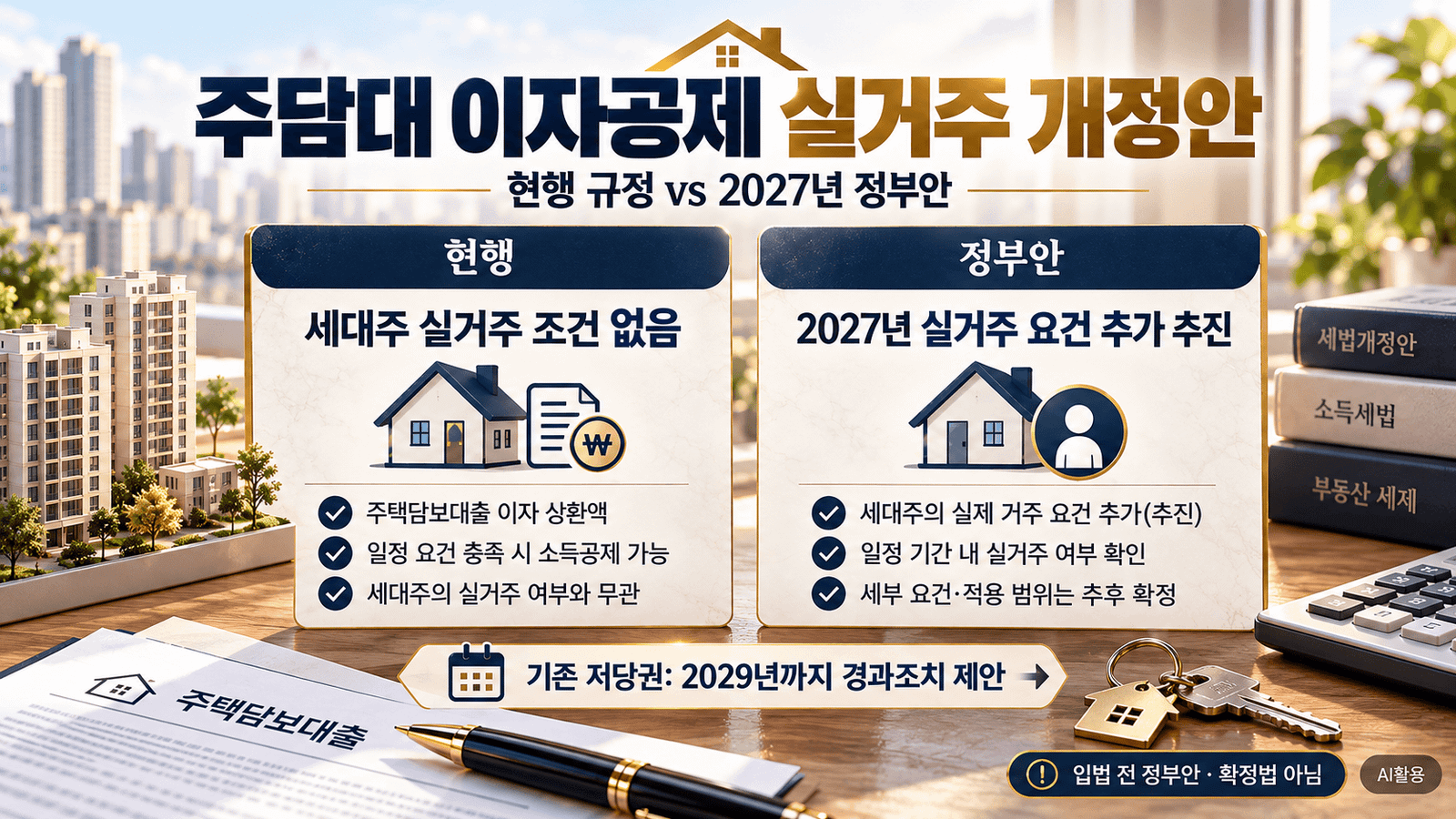 현행 주택담보대출 이자공제 요건과 2027년 실거주 요건 추가 정부안을 비교한 도식