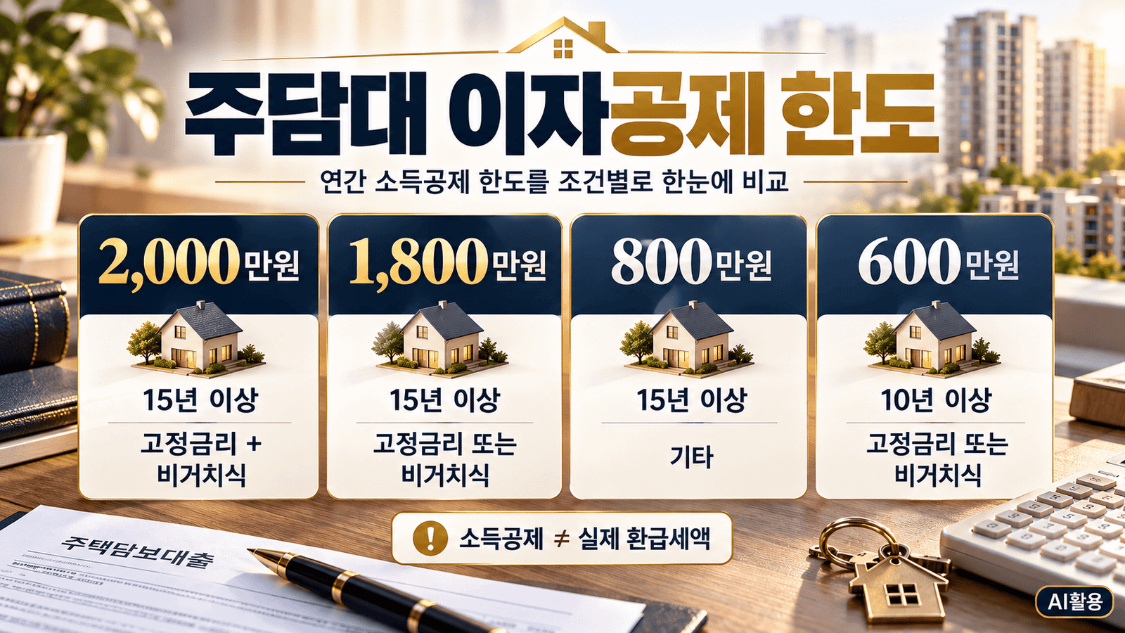 상환기간과 고정금리 및 비거치식 조건에 따른 연간 공제한도 2천만 원, 1천8백만 원, 8백만 원, 6백만 원 비교