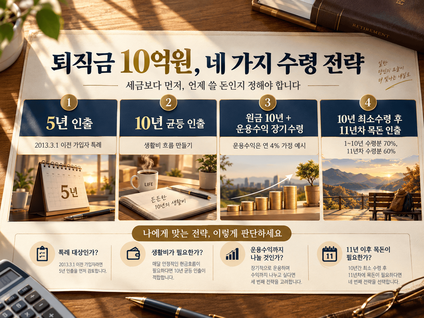 IRP 퇴직금 절세┃5년·10년·11년차 수령 방법의 선택 기준 퇴직금 5년 특례, 10년 균등, 원금과 운용수익 장기 수령, 11년차 목돈 수령 비교