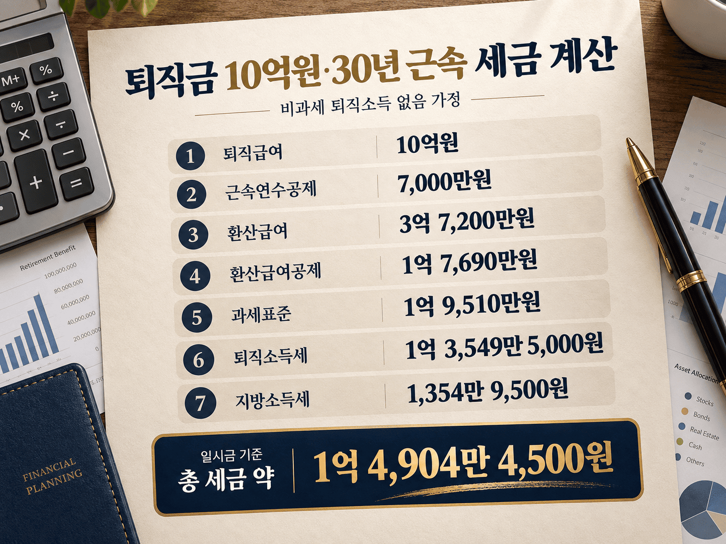 IRP 퇴직금 절세┃5년·10년·11년차 수령 방법의 선택 기준 퇴직금 10억원과 30년 근속을 가정한 퇴직소득세 계산 흐름
