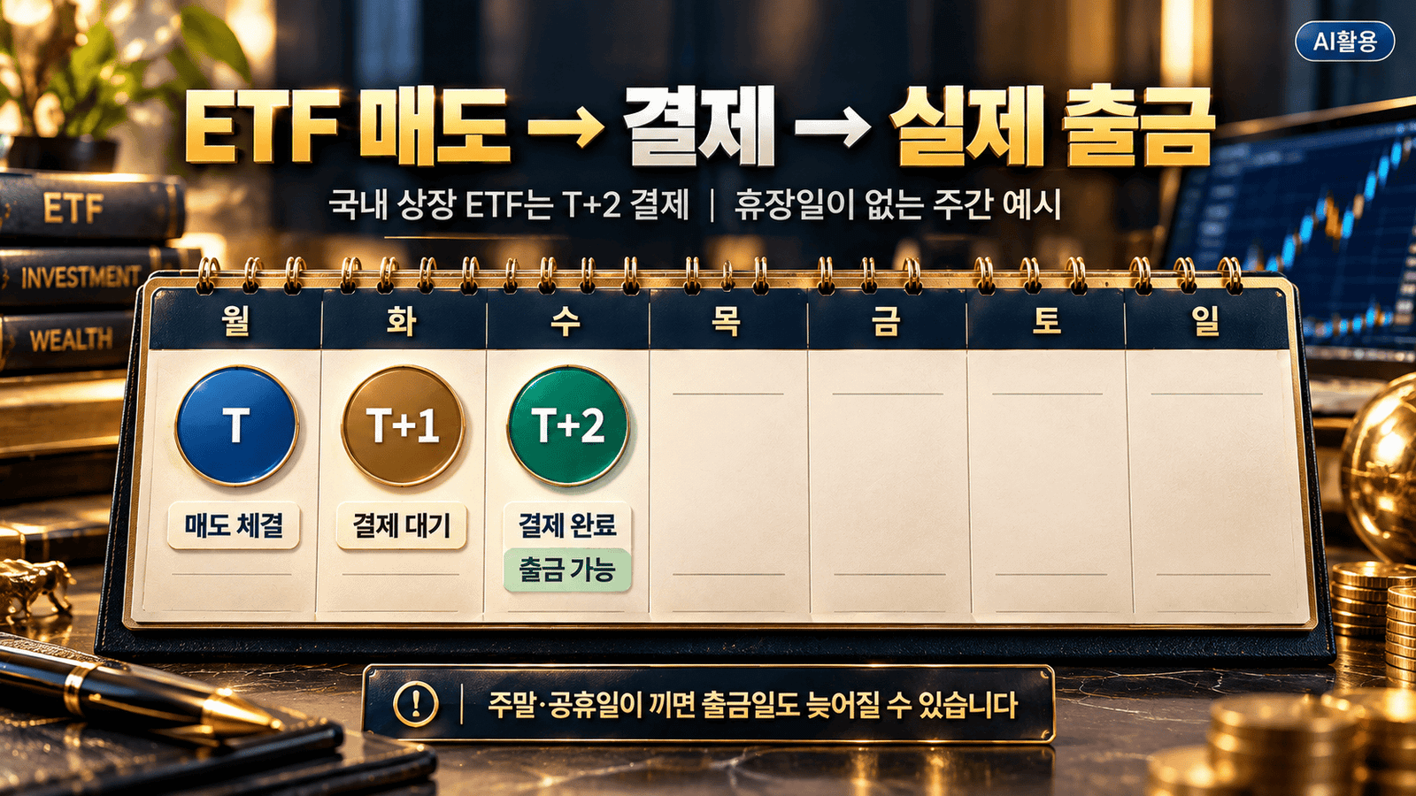 파킹 ETF┃잠깐 맡길 돈이라면 수익률보다 먼저 볼 5가지 월요일에 ETF를 매도하면 휴장일이 없는 경우 수요일 T+2에 결제되는 일정 도식