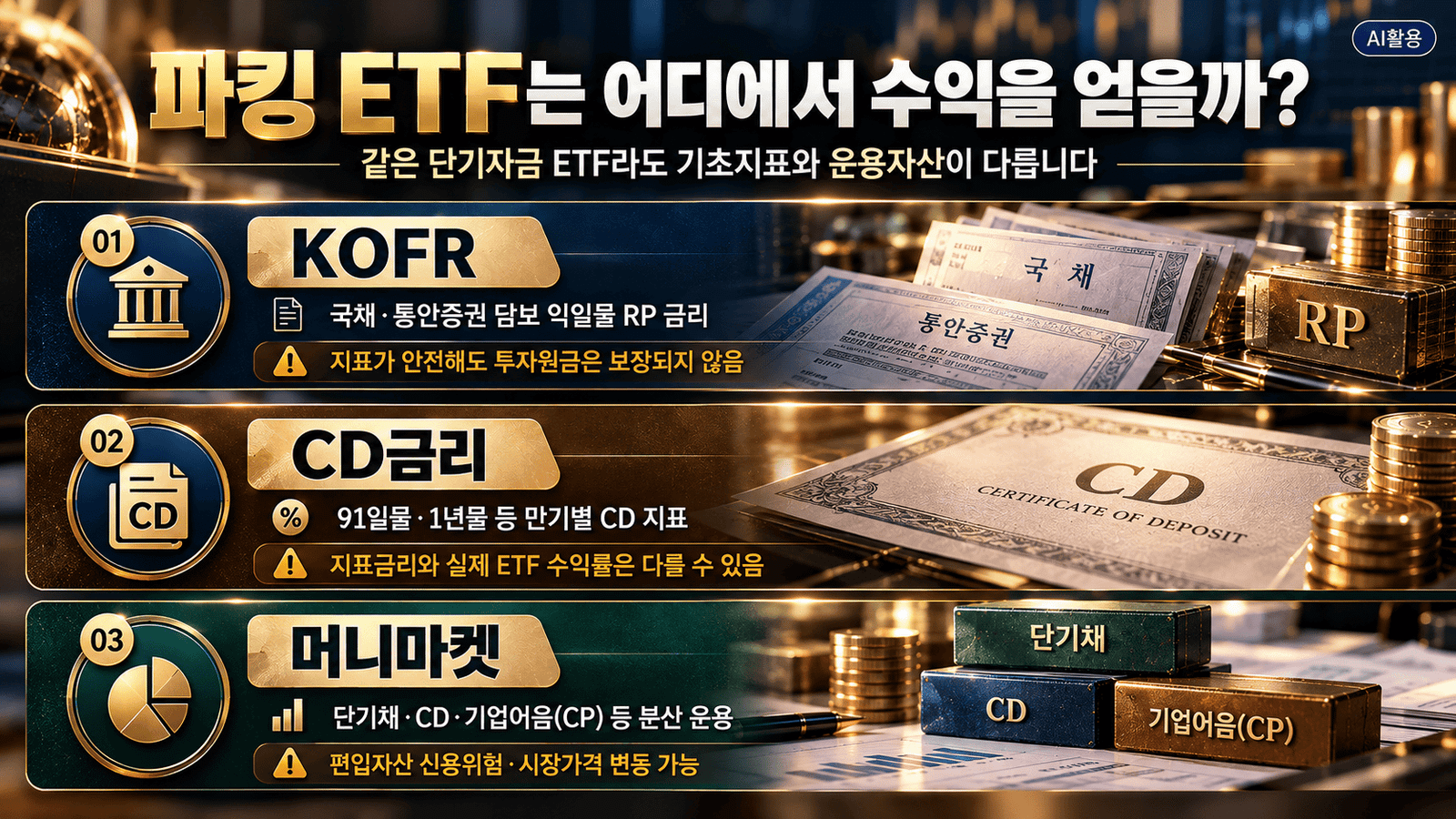 파킹 ETF┃잠깐 맡길 돈이라면 수익률보다 먼저 볼 5가지 KOFR 익일물 담보금리와 CD 만기 지표, 머니마켓 단기금융자산을 서로 다른 운용 기준으로 표현한 비교 이미지