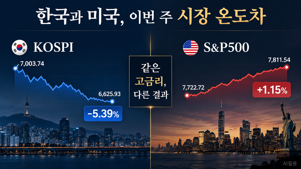 주간 증시 분석┃코스피 -5.39%·S&P500 +1.15%, 시장이 엇갈린 이유 KOSPI 5.39% 하락과 S&P500 1.15% 상승을 비교한 한국과 미국 증시 온도차